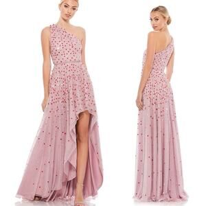New Mac Duggal 10825 Pink EMBELLISHED ONE SHOULDER HI-LOW GOWN sz 14